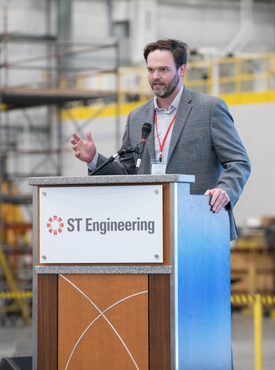 Representative Alex Andrade speaks during the Hangar 2 opening ceremony at ST Engineering in Pensacola on Monday, Feb. 27, 2023.