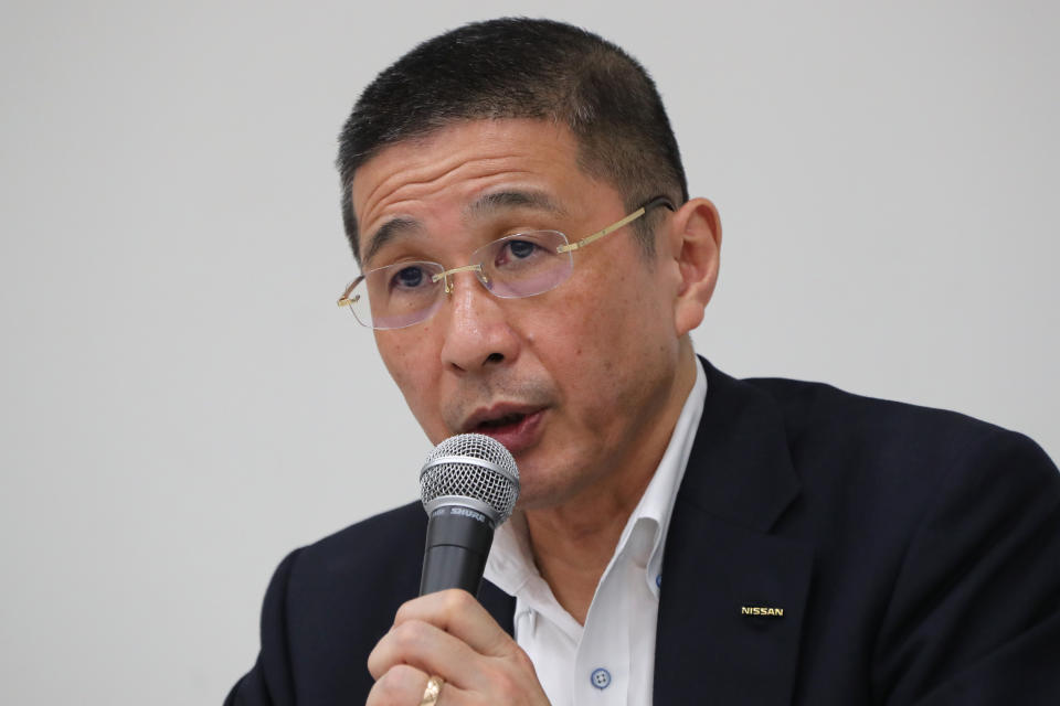 FILE - In this Sept. 9, 2019, file photo, then Nissan Chief Executive Hiroto Saikawa speaks during a press conference in the automaker's headquarters in Yokohama, near Tokyo. Former Nissan Chief Executive Saikawa told a Japanese court Wednesday, Feb. 24, 2021, he believed the compensation for his predecessor Carlos Ghosn was too low “by international standards,” and so he supported Ghosn’s retirement packages to prevent him from leaving. (AP Photo/Koji Sasahara, File)