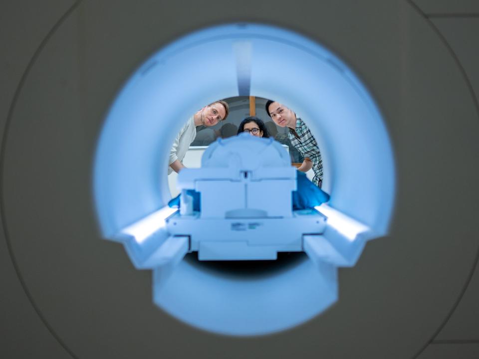 A picture taken from inside the scanner shows researchers peering in