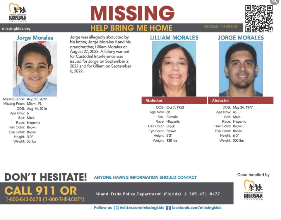 Warrants have been issued for Mr Morales and Ms Morales’ arrests (National Center for Missing and Exploited Children)