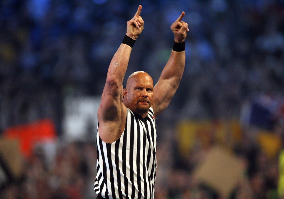 Stone Cold Steve Austin during WrestleMania 23 at Detroit's Ford Field in Detroit, Michigan on April 1, 2007.  (Photo by Leon Halip/WireImage)