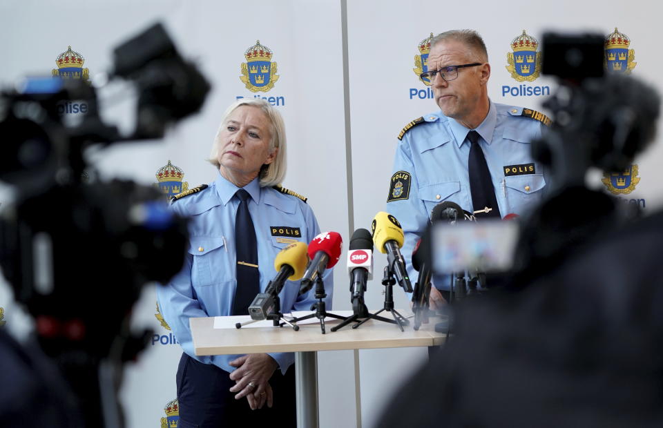 Poice Chief Carina Persson and Commanding Chief Inspector Stefan Sinteus, both of the south Sweden police, take part in a press conference in Malmo, Sweden, Monday, Oct. 4, 2021. Police say Swedish artist Lars Vilks, who had lived under police protection since his 2007 sketch of the Prophet Muhammad with a dog’s body brought death threats, has died in a traffic accident. He was 75. Vilks and two plainclothes police bodyguards were killed in a head-on crash with a truck on Sunday afternoon. (Johan NIlsson/TT News Agency via AP)