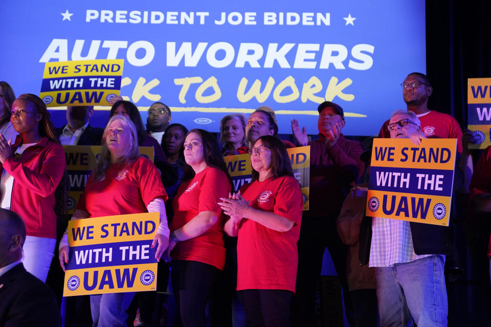 People listen as President Joe Biden speaks to United Auto Workers at the Community Building Complex of Boone County, Thursday, Nov. 9, 2023, in Belvidere, Ill. (AP Photo/Evan Vucci)
