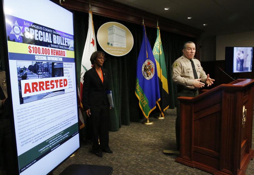 LOS ANGELES, CA - SEPTEMBER 30: Los Angeles County Sheriff Alex Villanueva and District Attorney Jackie Lacey announce an arrest of Deonte Lee Murray in the ambush shooting of two on-duty deputies who were sitting in their marked patrol car at the Metro Blue Line station in Compton September 12, 2020. Hall Of Justice on Wednesday, Sept. 30, 2020 in Los Angeles, CA. (Al Seib / Los Angeles Times