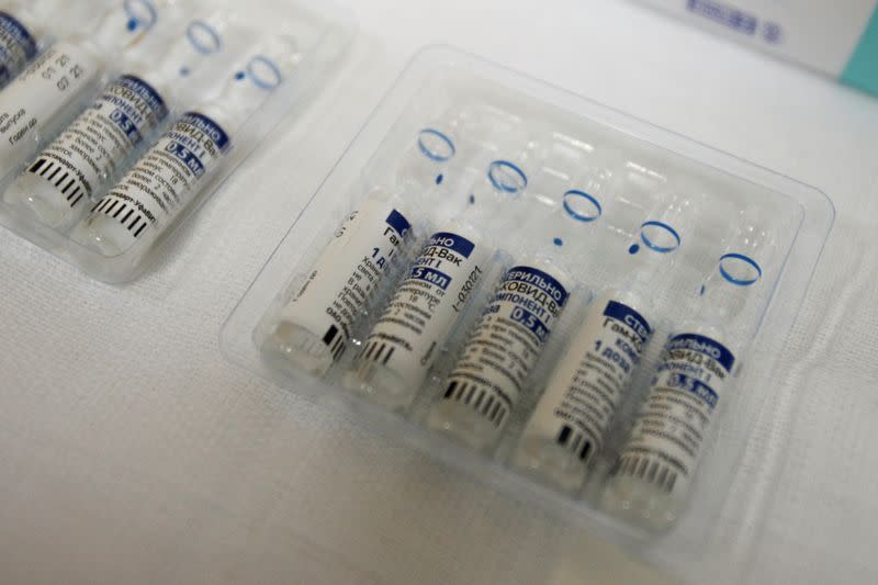 FILE PHOTO: Ampules with the Sputnik V coronavirus disease (COVID-19) vaccine are seen in Podgorica