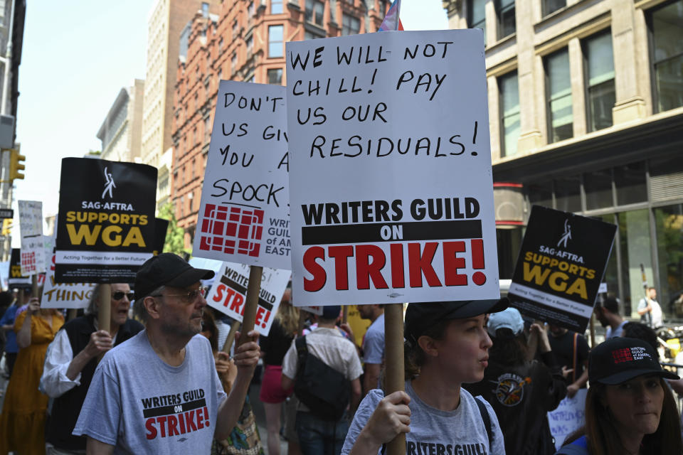 Photo by: NDZ/STAR MAX/IPx 2023 6/1/23 Members of the Writers Guild of America (WGA) and its supporters picket outside of Warner Bros Discovery, Inc. on June 1, 2023 in New York City.