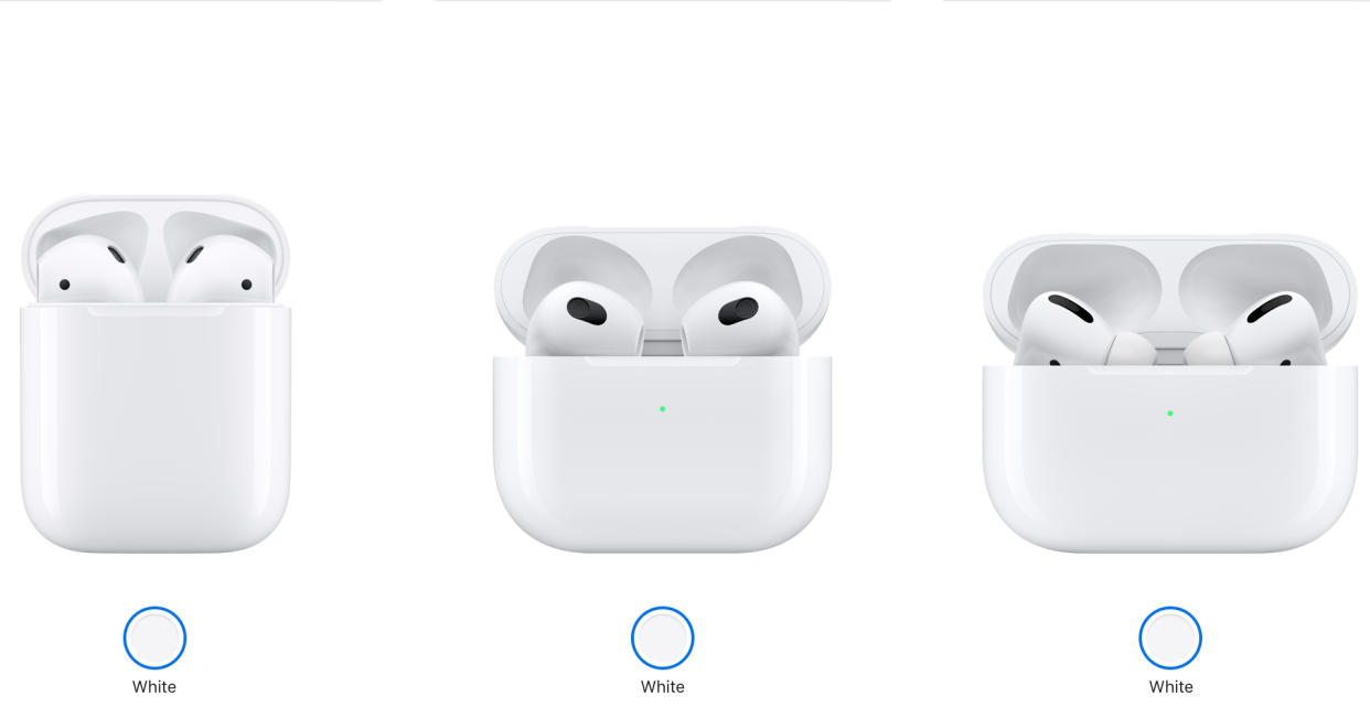  Three pairs of in-ear AirPods side by side in their charging cases on a white background. 