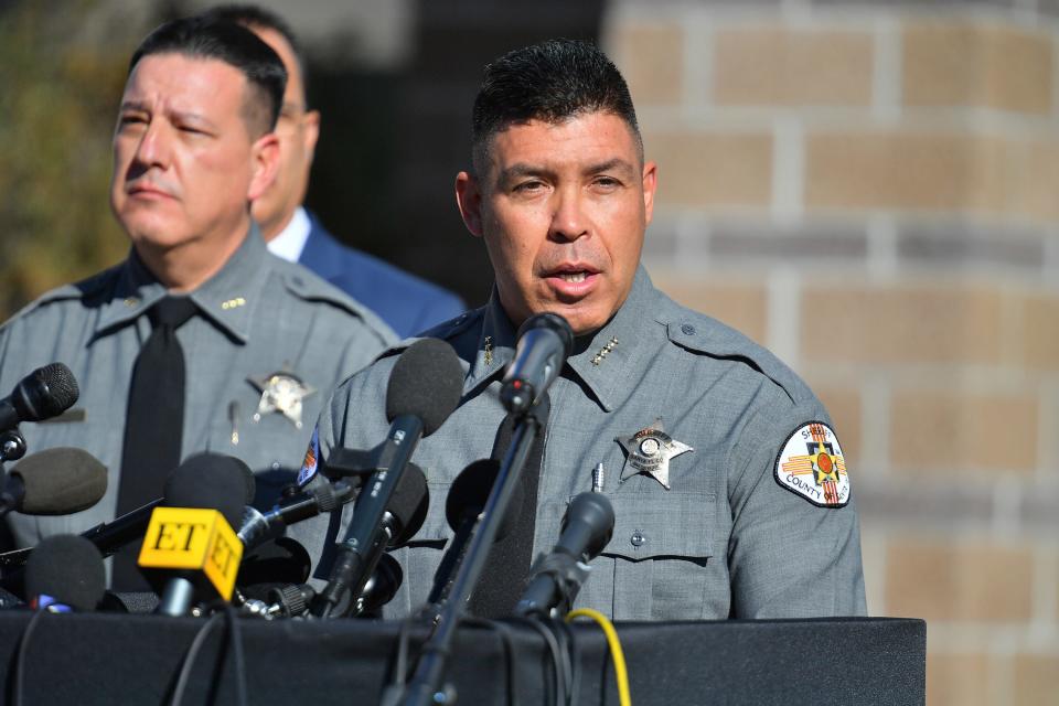 Santa Fe County Sheriff Adan Mendoza gives an update on the fatal shooting on the set of "Rust" on Oct. 27, 2021, in Santa Fe, New Mexico.