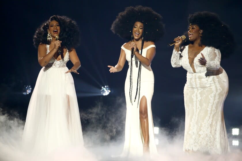 NASHVILLE, TENNESSEE - NOVEMBER 10: (L-R) Madeline Edwards, Mickey Guyton and Brittney Spencer perform during the 55th annual Country Music Association awards at the Bridgestone Arena on November 10, 2021 in Nashville, Tennessee. (Photo by Terry Wyatt/Getty Images)