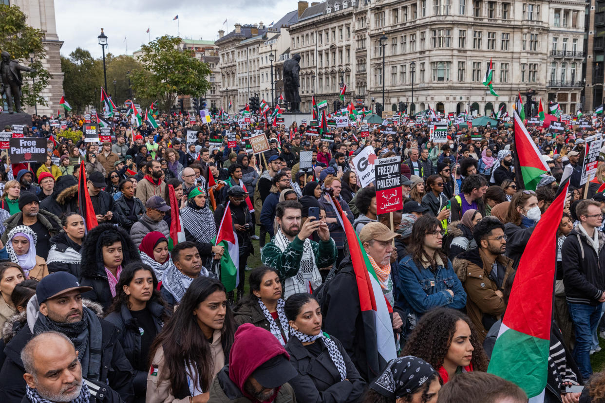Pro-Palestinian protesters rally in Parliament Square following a National March for Palestine to call for an immediate ceasefire in Gaza on 28th October 2023 in London, United Kingdom. Mass Palestinian solidarity rallies have been held throughout the UK for a third consecutive weekend to call for an end to the Israeli bombardment of Gaza. (photo by Mark Kerrison/In Pictures via Getty Images)