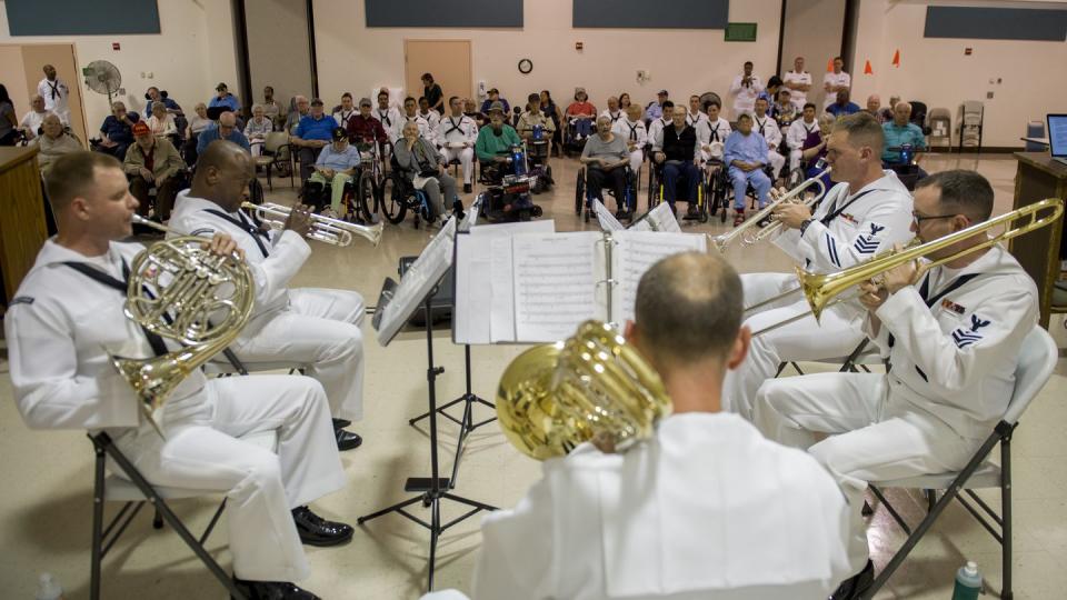 Members of the Navy Band Northwest perform at the Veterans Home of California in Yountville, California, in 2018. (MCS2 Jacob G. Sisco/Navy)