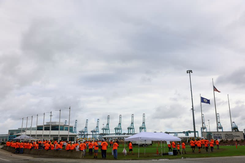 Port workers participate in a strike at the Virginia International Gateway in Portsmouth