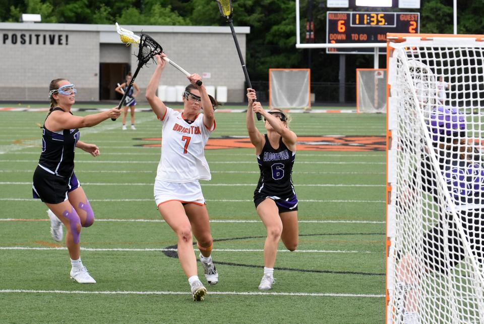 Gabby Mainhardt scores Brighton's seventh goal against Bloomfield Hills during a Division 1 state semifinal lacrosse game on Wednesday, June 8, 2022 at Brighton.