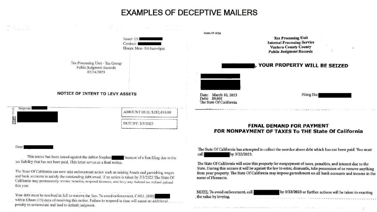 The Ventura County District Attorney's Office is warning residents about deceptive letters threatening property owners with property liens and seizures.