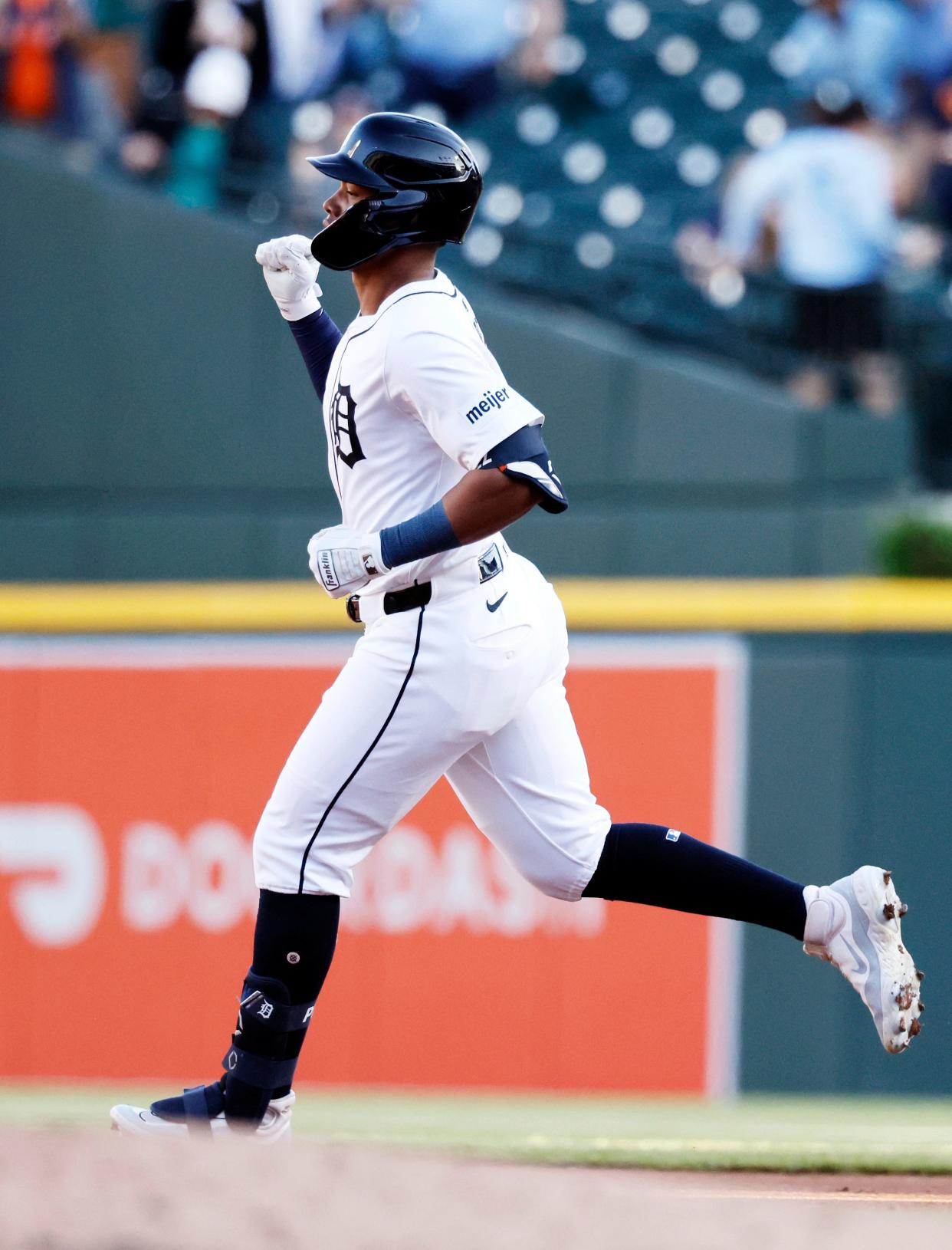 Tigers right fielder Wenceel Perez rounds the bases after hitting a home run against the Cardinals during the second inning of Game 2 of the doubleheader on Tuesday, April 30, 2024, at Comerica Park.