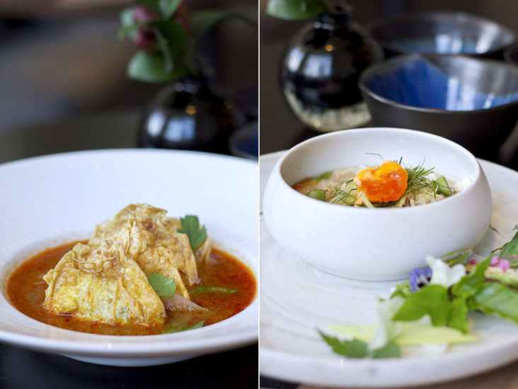 Pickled watermelon rind and fish roe soup with jicama dumplings (left). 'Lon' of Australian spanner crab topped with Nan province salted duck egg (right).