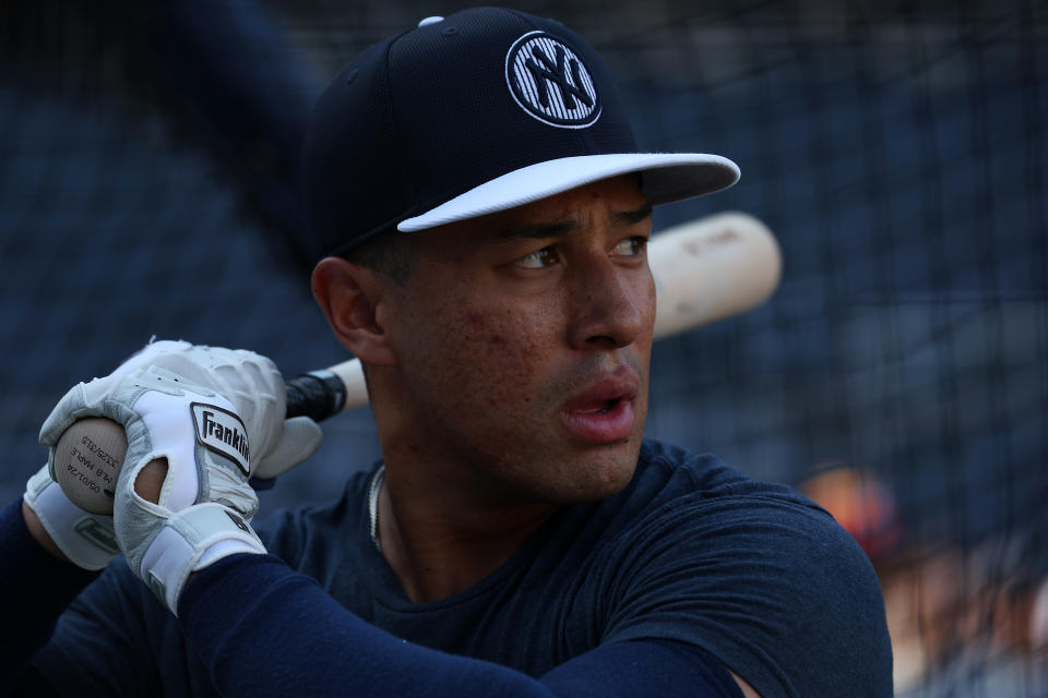 NEW YORK, NY - MAY 7: Jahmai Jones #14 of the New York Yankees takes BP before the game against the Houston Astros at Yankee Stadium on May 7, 2024 in New York, New York.  (Photo by New York Yankees/Getty Images)