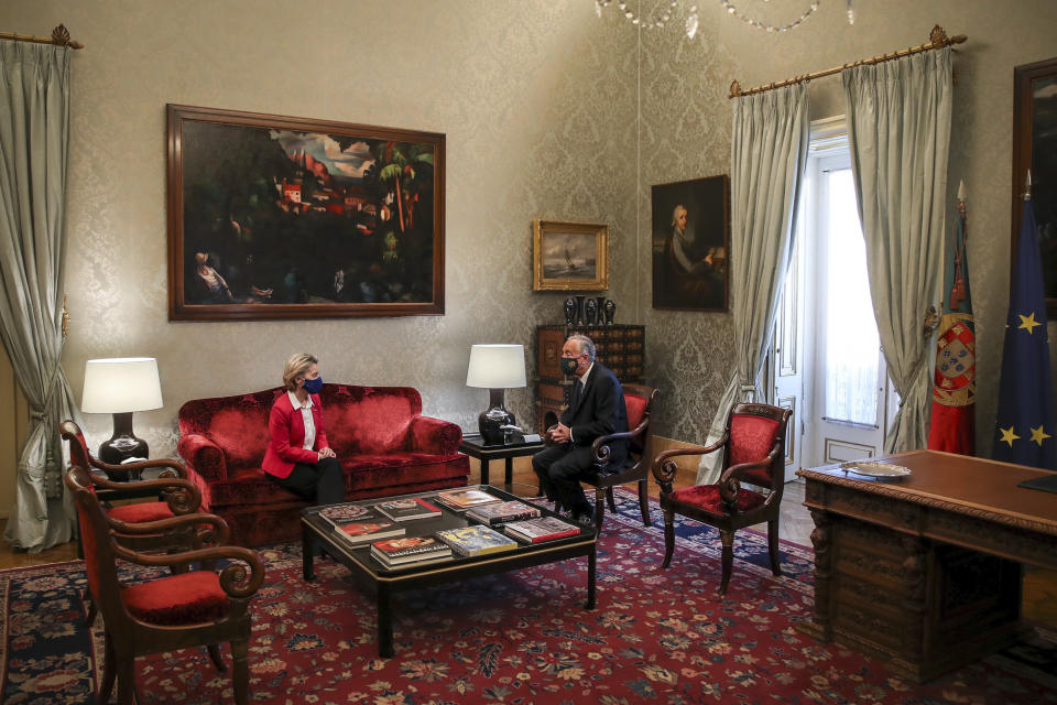 European Commission President Ursula Von Der Leyen visits Portuguese President Marcelo Rebelo de Sousa at the Belem presidential palace in Lisbon, Portugal, Friday, Jan. 15, 2021. Von Der Leyen is in Lisbon to attend a meeting of the the Portuguese presidency of the EU with the College of Commissioners of the European Commission. (Manuel de Almeida/Pool via AP)