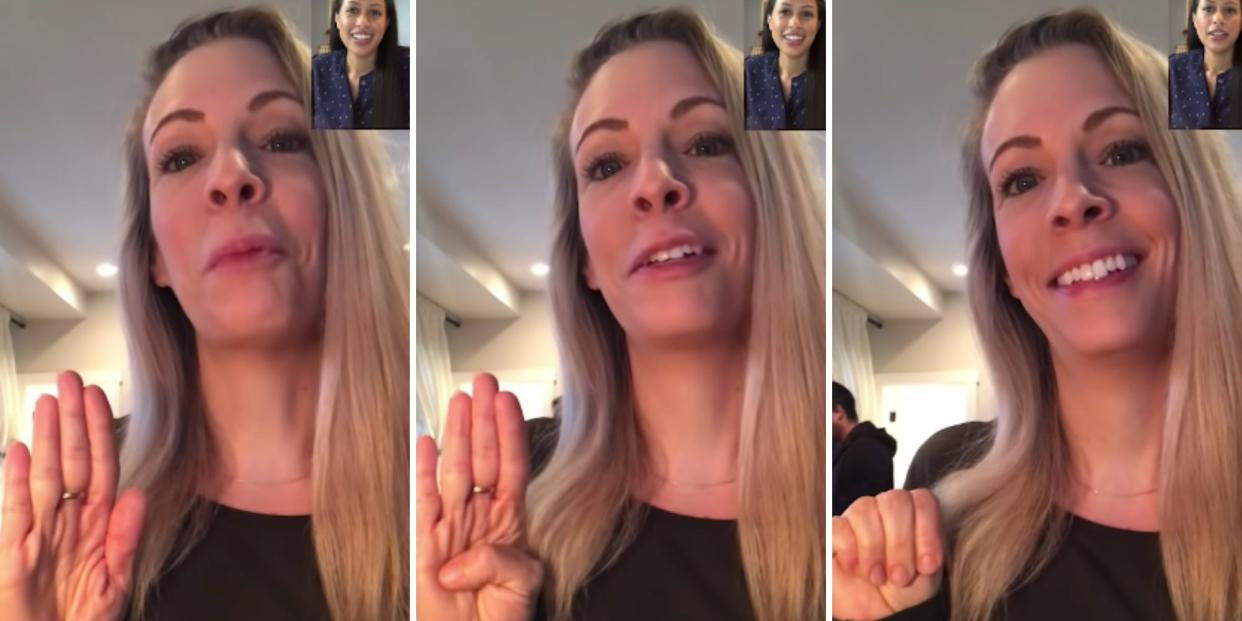 three panels, all showing a video calling interface with a blonde woman and a small image f a brown-haired woman in the upper-right corner. The blonde woman is making three gestures with her hand in the panels: one with open palm, one with her thumb tucked into her palm, and one where her fingers are curled over her palm. this is the signal for help.