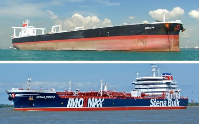 The British-owned Mesdar (above) was seized in the Strait of Hormuz and later released but the British-flagged Stena Impero remains in Iranian waters 