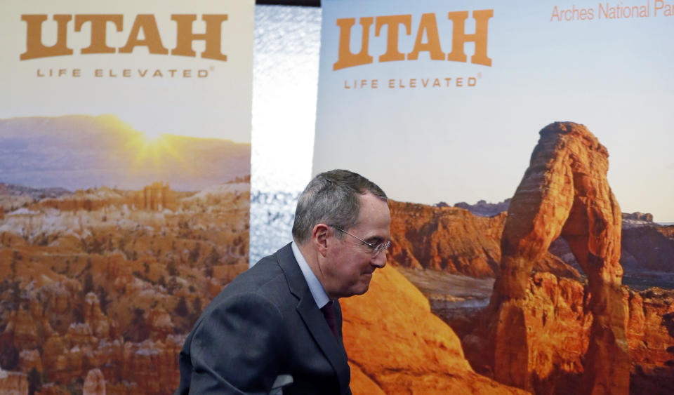 Bob Steiner, Co-CEO of Alsco Inc., walks to the podium during a news conference Thursday, Jan. 24, 2019, in Salt Lake City. Alsco, a Utah company is donating $100,000 to keep three national parks open as the federal government shutdown drags on, a gift that state officials say is unique in the country. Salt Lake City-based uniform and linen rental company Alsco said Thursday, Jan, 24, 2019, the money will fund operations at Zion, Bryce and Arches national parks. It will pay for basic custodial and visitor center services at least through Feb 18, as the parks' busy season begins.(AP Photo/Rick Bowmer)
