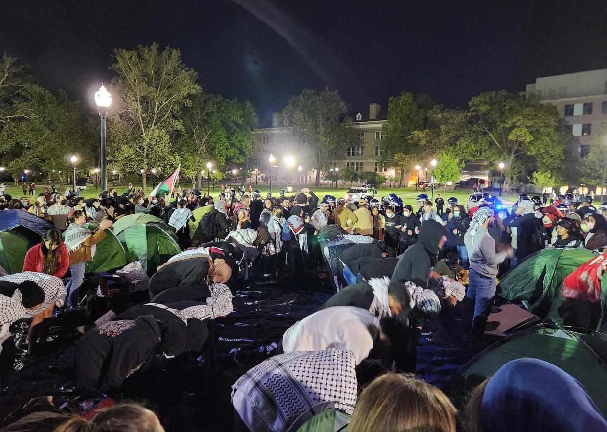 Apr 25, 2024; Columbus, OH, USA; Ohio State University became the latest site of student protests against Israel as hundreds of Ohio State students, faculty and members of the Ohio Arab community rallied and set up tents outside the student union.