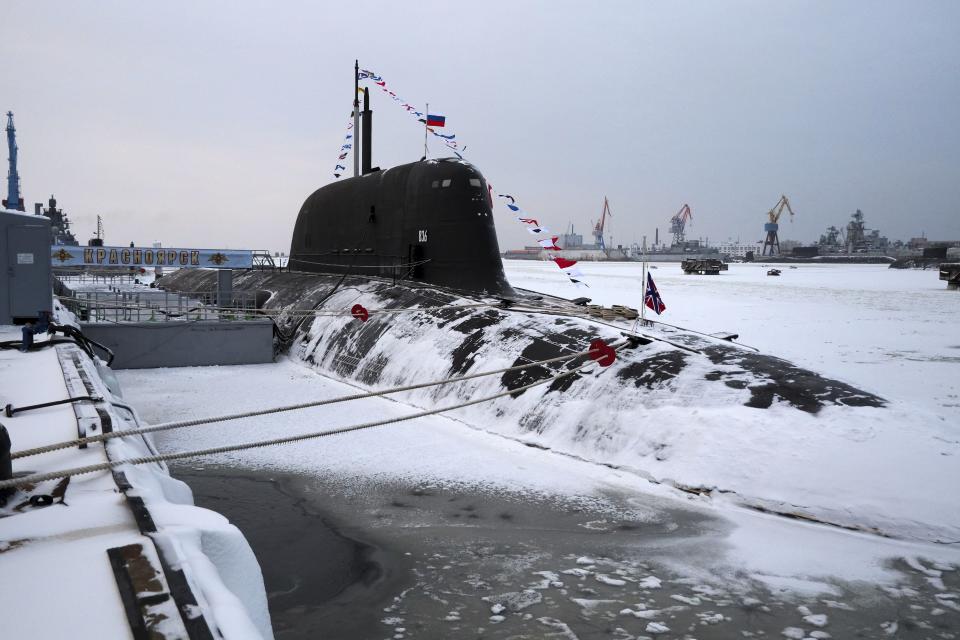 The newly-built nuclear submarine The Krasnoyarsk is seen after a flag-raising ceremony on Monday for newly-built nuclear submarines at the Sevmash shipyard in Severodvinsk in Russia's Archangelsk region, Monday, Dec. 11, 2023. The navy flag was raised on the Emperor Alexander III and the Krasnoyarsk submarines during Monday's ceremony. Putin has traveled to a northern shipyard to attend the commissioning of new nuclear submarines, a visit that showcases the country's nuclear might amid the fighting in Ukraine. (Kirill Iodas, Sputnik, Kremlin Pool Photo via AP)