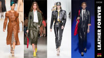 <p><i>Leather in all shapes and colors is a big trend for SS18. That was evidenced by a leather cold-shoulder dress at Fendi, a menswear-inspired suit from Gucci, and Versace’s studded cropped jacket with skinny leather trousers. (Photo: ImaxTree, Art: Quinn Lemmers for Yahoo Lifestyle) </i></p>