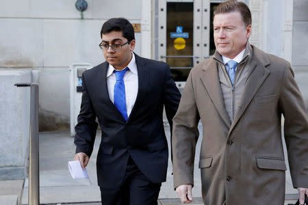 Former Rutgers University student Paras Jha is seen as he leaves the Clarkson S. Fisher Building and U.S. Courthouse after his hearing in Trenton, New Jersey, U.S., December 13, 2017. REUTERS/Dominick Reuter