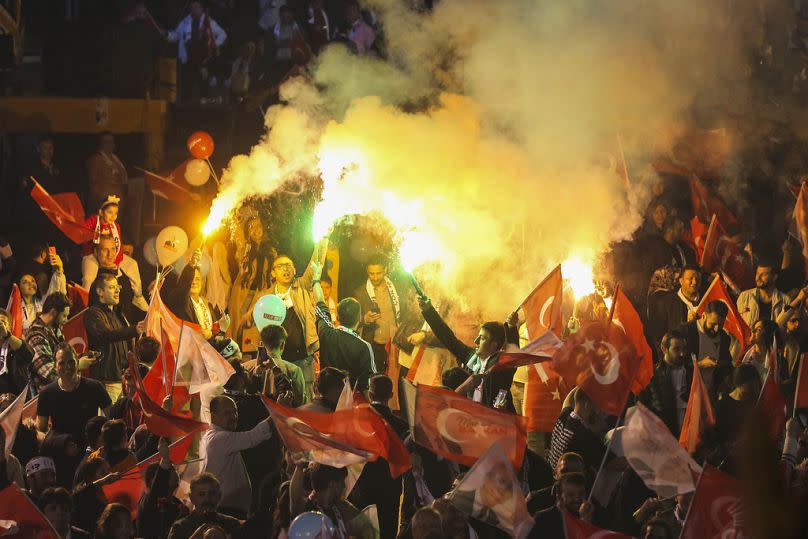 Republican People's Party, or CHP, supporters gather outside the City Hall in Ankara, Sunday, March 31, 2024.