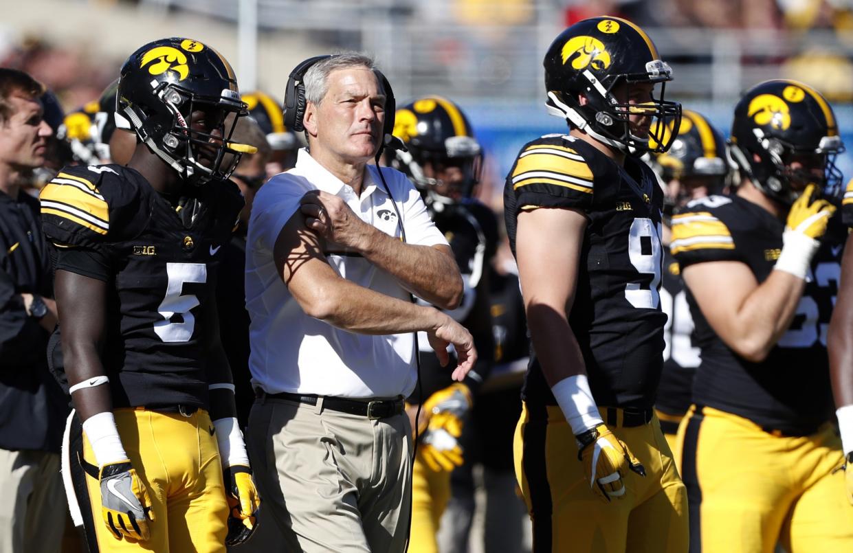 Kirk Ferentz and Iowa dropped to 5-3 with a loss to Wisconsin on Saturday. (AP Photo/Charlie Neibergall)