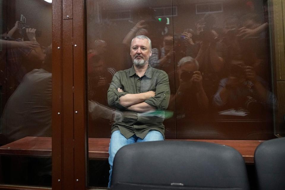 Igor Girkin in a Moscow court after calling for the removal Vladimir Putin – the former defence minister of the ‘Donetsk People’s Republic’ said Russia ‘could not survive another six years’ of his rule (AFP/Getty)