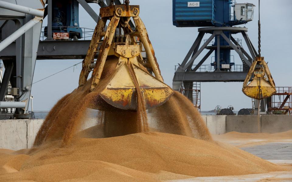 A crane loads wheat grain onto a cargo vessel before its departure for the Russian city of Rostov-on-Don in the port of Mariupol,  Ukraine