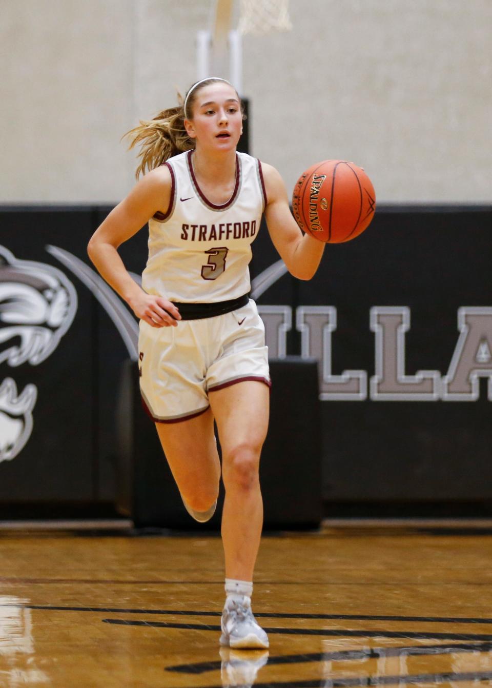 Strafford's Elsie Larsen drives downcourt as they take on the Republic Lady Tigers during the 35th Willard Basketball Classic at Willard High School on Wednesday, Nov. 30, 2022.