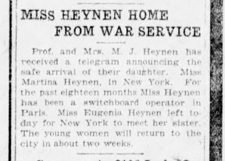 An announcement published in the Green Bay Press-Gazette that Martina Heynen will be returning to Green Bay after 18 months of war service.