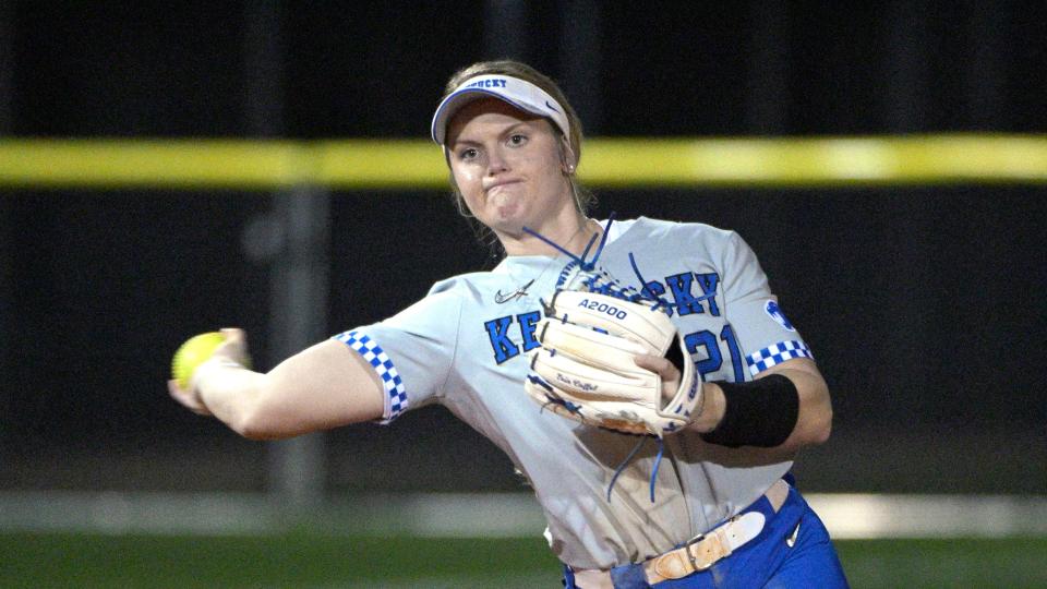 Kentucky infielder Erin Coffel (21) during an NCAA softball game against Wisconsin on Thursday, Feb. 10, 2022, in Leesburg, Fla. (AP Photo/Phelan M. Ebenhack)