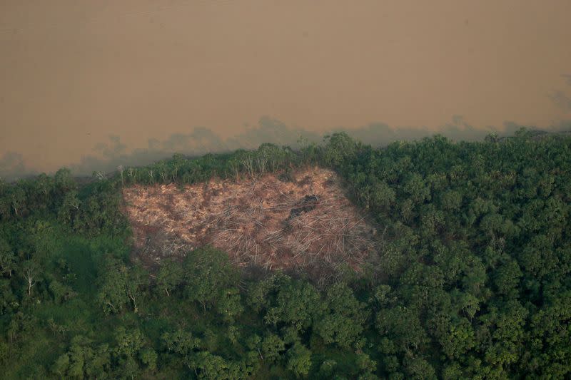 An aerial view shows a deforested plot of the Amazon near Porto Velho