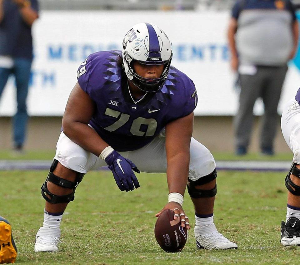 TCU center Steve Avila (79) centers the ball in the second half of a NCAA college football game in Fort Worth, Texas, Saturday, Sept. 11, 2021. TCU defeated Cal 34-32. (Special to the Star-Telegram Bob Booth)