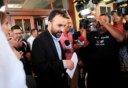 Cristobal Fernandez, chief of the Department of Cooperation and Electoral Observation of OAS leaves after a meeting with members of the Government of reconciliation and national unity (GRUN) and Civic Alliance in Managua, Nicaragua April 24, 2019.REUTERS/Oswaldo Rivas