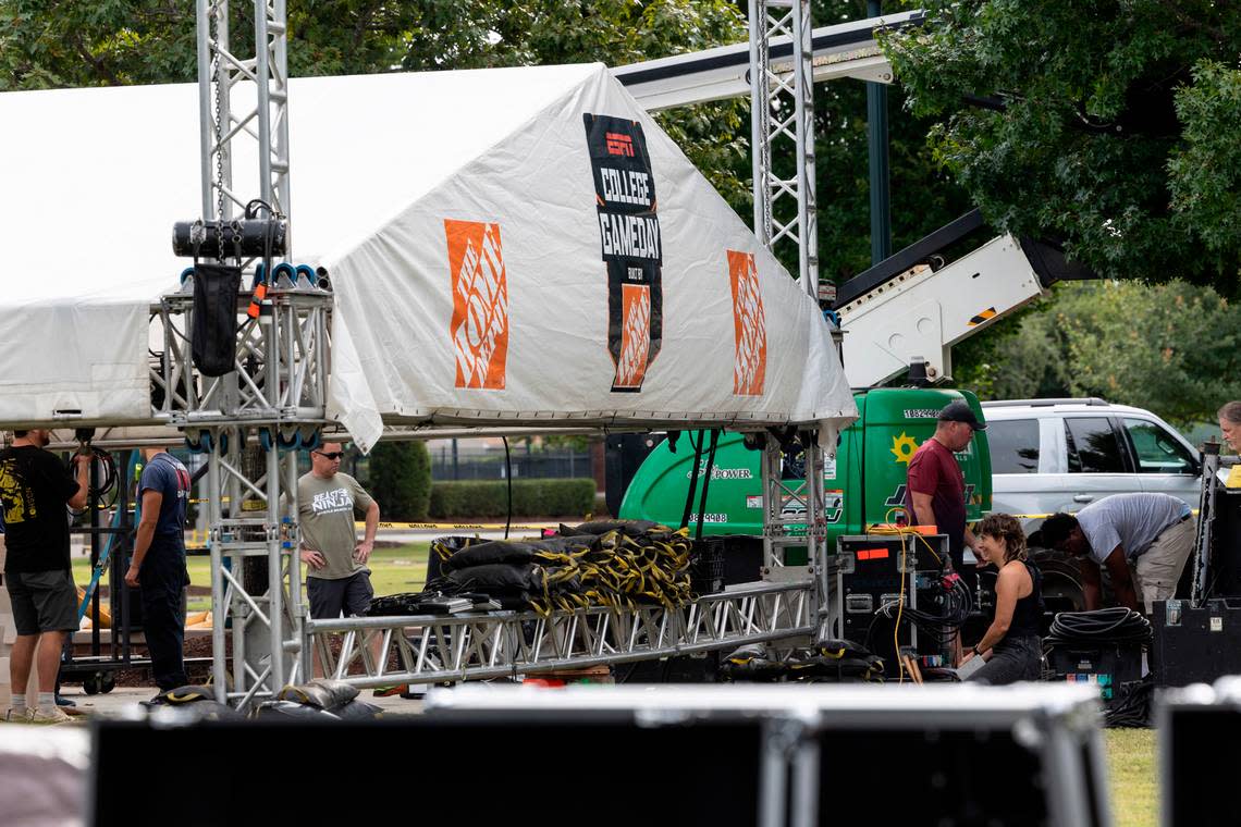 Crews set up for the broadcast of College GameDay at Gamecock Park on Thursday Sept. 12, 2024.