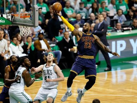 May 25, 2017; Boston, MA, USA; Cleveland Cavaliers forward LeBron James (23) attempts a layup against the Boston Celtics during the third quarter of game five of the Eastern conference finals of the NBA Playoffs at the TD Garden. Mandatory Credit: Greg M. Cooper-USA TODAY Sports
