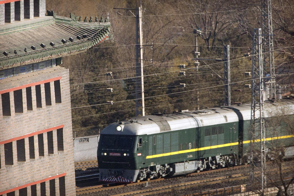 FILE - In this Tuesday, Jan. 8, 2019, file photo,a train similar to one seen during previous visits by North Korean leader Kim Jong Un arrives at Beijing Railway Station in Beijing. For his second summit with President Donald Trump, Kim Jong Un opted to travel retro _ riding the rails like his grandfather decades before. The decision was likely part security and part optics, designed to bring back memories of North Korean "eternal president" Kim Il Sung's many travels by train. (AP Photo/Mark Schiefelbein, File)