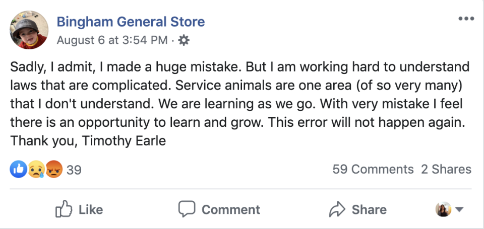 Screenshot of Bingham General Store's Facebook post 