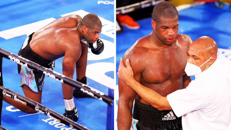 Daniel Dubois (pictured left) taking a knee and (pictured right) being checked after the TKO.