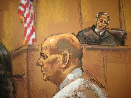 Pedro Hernandez, who is charged with the abduction and murder of Etan Patz, sits while judge Maxwell Wiley looks on, during opening statements at the State Supreme Court in Manhattan, New York January 30, 2015, in this courtroom sketch courtesy of Jane Rosenberg. REUTERS/Jane Rosenberg