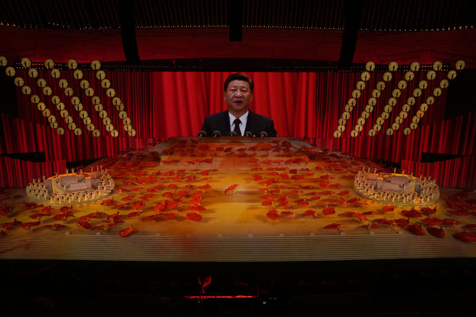 Chinese President Xi Jinping is seen on screen during a gala show ahead of the 100th anniversary of the founding of the Chinese Communist Party in Beijing on Monday, June 28, 2021. For China's Communist Party, celebrating its 100th birthday on Thursday, July 1 is not just about glorifying its past. It's also about cementing its future and that of its leader, Xi. (AP Photo/Ng Han Guan)