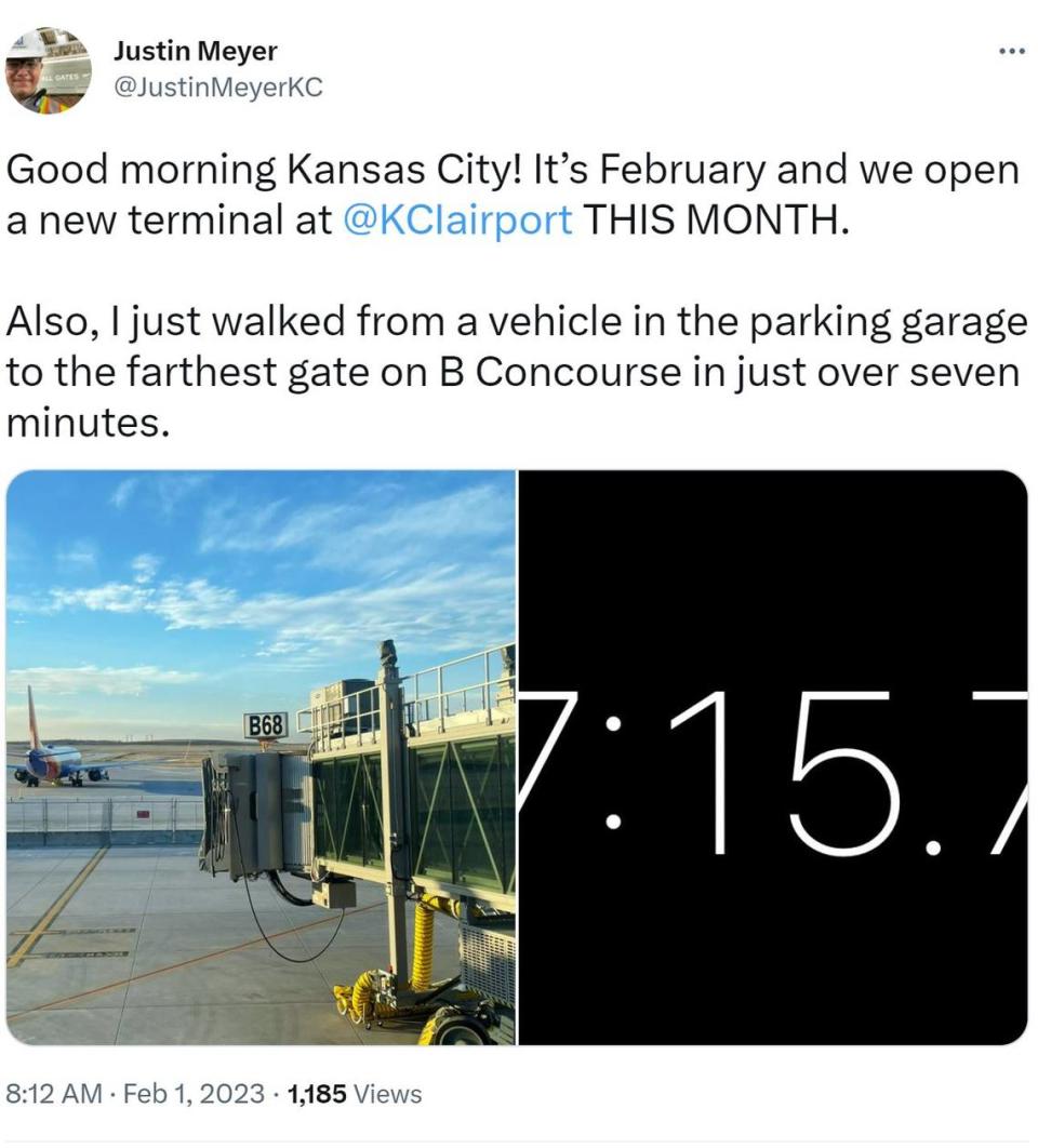 To see just how long it takes to walk through the new terminal at Kansas City International Airport, Justin Meyer, deputy director of aviation for the Kansas City Aviation Department, timed himself. It took him just over seven minutes to go from his car to the furthest gate, he said on Twitter.