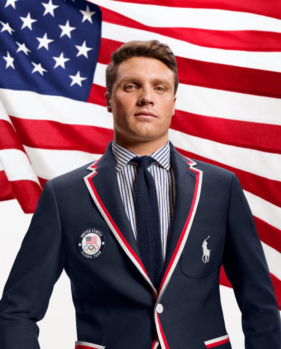 Olympic swimmer Bobby Finke wears the opening ceremony uniform.