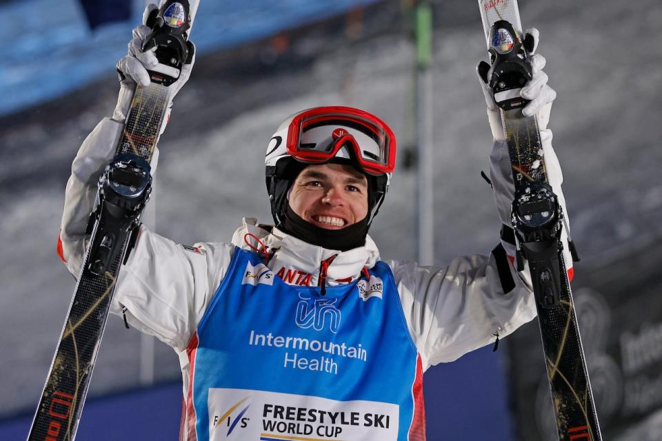 Mikaël Kingsbury, shown in this February 2023 file photo, scored his first gold medal of the new World Cup moguls season on Friday in Idre Fjall, Sweden. (Jeff Swinger/The Associated Press - image credit)