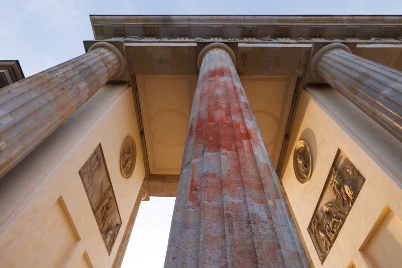 Columns of Brandenburg Gate that were painted in a protest campaign by Last Generation climate activists in Berlin